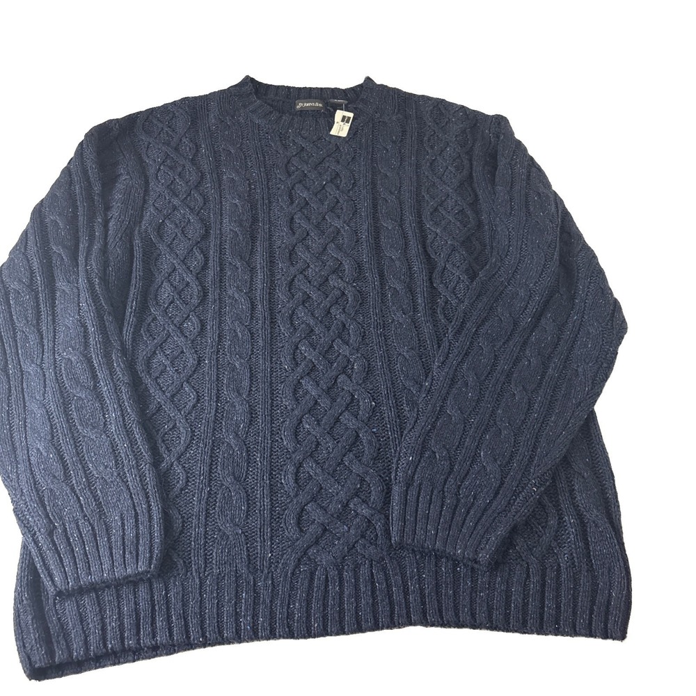 St. Johns Bay Sweater Mens XL Silk Blend Blue Cable Knit Crewneck Pullover NWOT